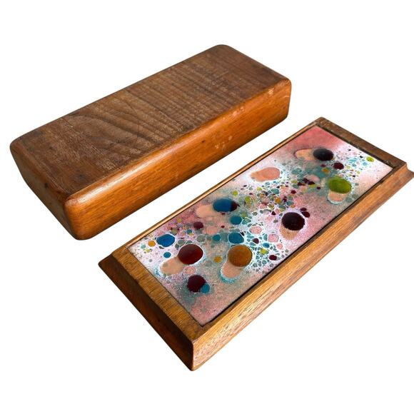 Vintage MCM Enameled Copper Wood Box Mid Century - Picture 4 of 6